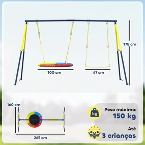 Baloiço para Bebés com Cordas Ajustáveis Estrutura de Aço Carga 150 kg para 3 Crianças de 3-8 Anos Multicolor