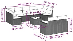10 pcs conjunto sofás de jardim c/ almofadões vime PE cinzento