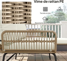 Conjunto de Móveis de Jardim Exterior em Ratã com Sofá de 2 Lugares Chaise Longue Almofadas e Mesa Creme