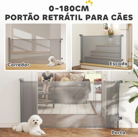 Barreira de Segurança para Cães Retrátil Extensível até 180 cm de Largura para Escadas e Portas Cinzento