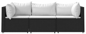 3 pcs conjunto lounge de jardim c/ almofadões vime PE preto