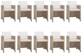11 pcs conjunto jantar exterior com almofadões vime PE bege