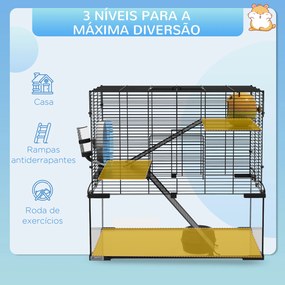 Gaiola para Hamster com Fundo de Vidro Plataformas Comedouro Bebedouro Casa Rampas e Roda de Exercício 60x40x54,5 cm Preto