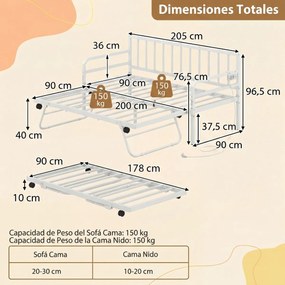 Sofá-cama individual com luzes LED205 x 90 x 96,5 cm (COLCHÕES NÃO INCLUIDOS), base metálica e cama extra extraível, estação de carregamento integrada