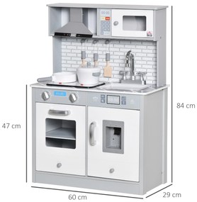 HOMCOM Cozinha Infantil de Madeira para Crianças acima de 3 Anos Cozinha de Madeira Infantil com Luz Sons Acessórios Utensílios Exaustor Lavatório e Microondas 60x29x84cm Cinza