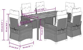 7 pcs conjunto de jantar p/ jardim c/ almofadões vime PE preto