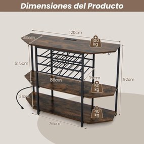 Garrafeira Armário para vinhos Estante de 3 níveis para vinhos com suportes para copos Tomadas eléctricas Estante para vinhos de bar 120 x 40 x 92 cm
