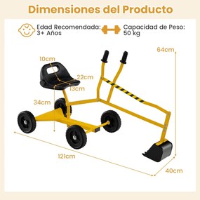 Conjunto de escavadora com controlos de duas mãos e pá flexível, assento giratório, 4 rodas, para crianças 121 x 40 x 64 cm, amarelo