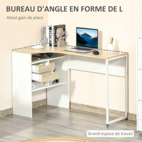 Secretária de canto com 2 gavetas, 120 x 60 cm, secretária em L com 3 compartimentos abertos, secretária para computador, ideal para estudar, trabalha