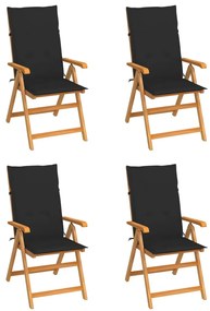 vidaXL Cadeiras de jardim c/ almofadões pretos 4 pcs teca maciça