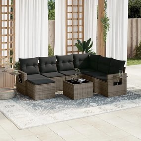 8 pcs conjunto sofás de jardim c/ almofadões vime PE cinzento