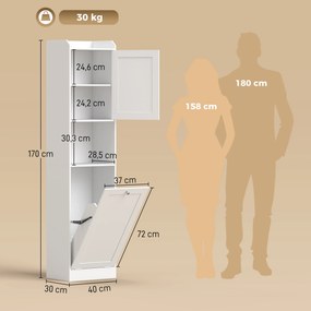 Armário de Casa de Banho com Cesto de Roupa Suja, Prateleira Ajustável e Compartimento Aberto, 40x30x170 cm, Branco