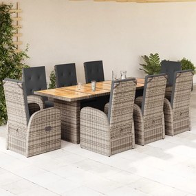 vidaXL 9 pcs conjunto de jantar p/ jardim c/ almofadões vime PE cinza