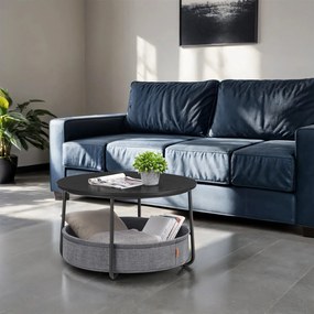 Mesa de centro 75 cm de diâmetro com cesto em tecido Preto-cinza ardósia