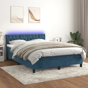 Cama box spring c/ colchão/LED 140x190 cm veludo azul-escuro