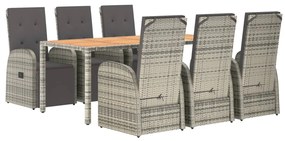 7 pcs conjunto de jantar p/ jardim c/ almofadões vime PE cinza