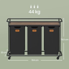 Cesto de roupa suja com 3 compartimentos 104 x 33 x 79,5 cm, separador de roupa com rodas, carrinho para roupa suja de 150 L com prateleira preto-cast