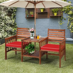 Conjunto de mesa e cadeira de 2 lugares em madeira de acácia para exterior com almofadas para pátio jardim castanho e vermelho