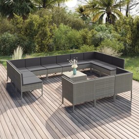 14 pcs conjunto lounge de jardim c/ almofadões vime PE cinzento