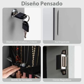 Armário de joias em madeira com espelho de parede e LED interno Organizador de porta ou parede com chave 35,5 x 10 x 120 cm Cinza claro