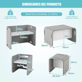 Mesa e cadeiras para crianças com tampo espesso e superfície lisa para casa, escola, jardim de infância 68,5 x 40 x 50 cm Cinzento