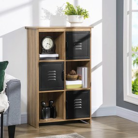 Estante de arrumação 75 x 35  x 116,5 cm com 3 compartimentos abertos e 3 compartimentos - Aspecto de madeira com portas de metal pretas