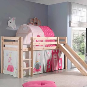 Conjunto Cama alta de Criança PINO 90 x 200 cm + estrado + escada + escorrega + cortina + túnel Princesa Natural