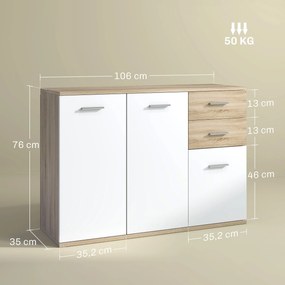 Aparador de sala, móvel de arrumação com 2 gavetas, 3 portas e prateleira ajustável, 106 x 35 x 76 cm, branco e madeira natural