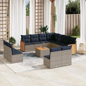vidaXL 12 pcs conjunto sofás p/ jardim c/ almofadões vime PE cinzento