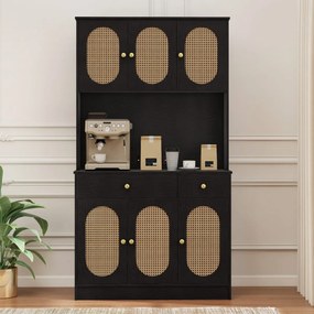 Armário Despensa Cozinha 100 x 40 x 180 cm com Estação de Carregamento 6 Portas de Rattan 2 Gavetas 4 Prateleiras Ajustáveis Móvel Boho Preto