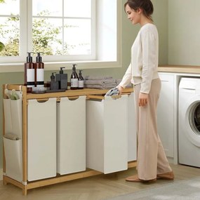 Cesto da roupa suja com 4 compartimentos 124,6 x 33 x 78 cm Branco creme