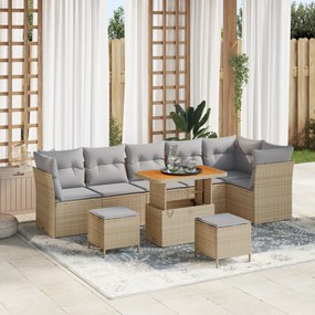 Conjunto de Sofá de Jardim vidaXL 9 Peças com Almofadas Bege Rattan Po
