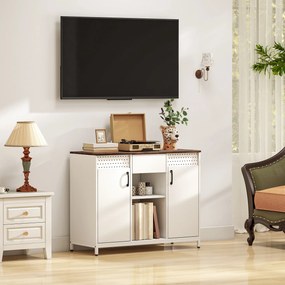 Aparador de 2 Portas com Orifícios 2 Compartimentos e Gaveta Prateleiras Ajustáveis 100x40x80 cm Branco e Castanho Rústico