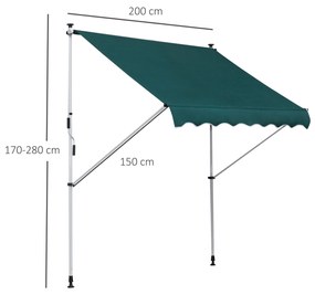 Toldo Manual Retrátil 200x150 cm com Manivela de Alumínio Ângulo Ajustável Proteção Solar para Varanda Jardim Pátio Verde