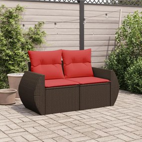 Sofá de jardim com almofadas, 2 lugares, vime sintético marrom