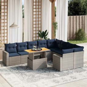 vidaXL 10 pcs conjunto sofás p/ jardim c/ almofadões vime PE cinzento