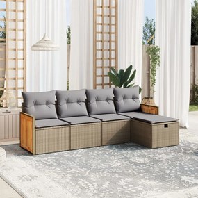 5 pcs conj. sofás jardim c/ almofadões vime PE bege misturado