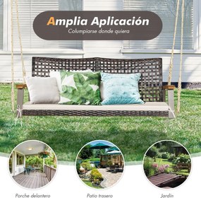 Baloiço de varanda em vime de 2 lugares com almofada de assento Apoio de braço em madeira de acácia 2 cordas 131 x 68 x 54 cm Castanho + Branco