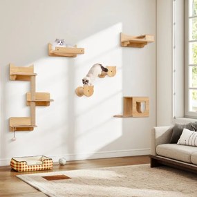Conjunto de móveis de parede para gatos com 6 peças, rede, torre de salto com 3 níveis e 2 postes para arranhar, área de brincar natural