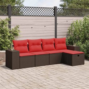 5 pcs conjunto sofás p/ jardim c/ almofadões vime PE castanho