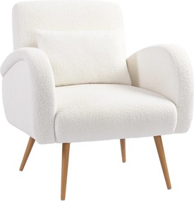 HOMCOM Poltrona em Tecido Teddy com Almofada Lombar Amovível e Pés Metálicos Efeito Madeira para Quarto, Creme | Aosom Portugal