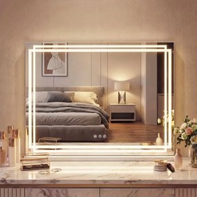Espelho de maquilhagem com luz, 80 x 60 cm com 3 modos de iluminação regulável e controlo tátil inteligente Branco