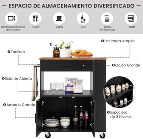 Carrinho de cozinha com rodas com 3 prateleiras abertas para especiarias, gaveta grande com 2 portas e toalheiro 75 x 50 x 92 cm Preto