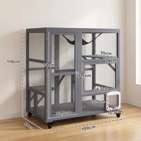 Gaiola Interior para Gatos em Madeira com Rodas Portas Plataformas de Salto Rede e Topo Basculante 110x100x60 cm Cinza