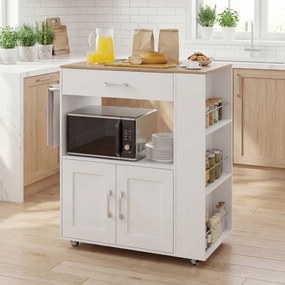 Carrinho de cozinha 75 x 46 x 90,5 cm com Estação de carregamento e rodas com travão Cesto duplo Branco + Natural