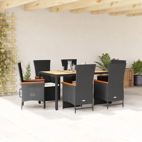 7 pcs conjunto de jantar p/ jardim c/ almofadões vime PE preto