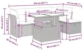 6 pcs conjunto de sofás p/ jardim com almofadões vime PE bege