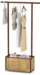 Guarda Roupa de bambu 100 x 32,5 x 172 cm Suporte para pendurar casacos com cesto de rattan para arrumação e rodas e Barra natural