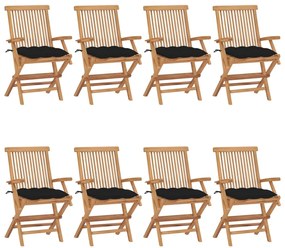 Cadeiras de jardim c/ almofadões pretos 8 pcs teca maciça