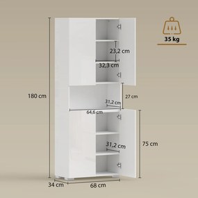 Armário de Cozinha Móvel Auxiliar de Cozinha com 4 Portas Compartimento Aberto Prateleiras Ajustáveis 68x34x180 cm Branco Brilhante